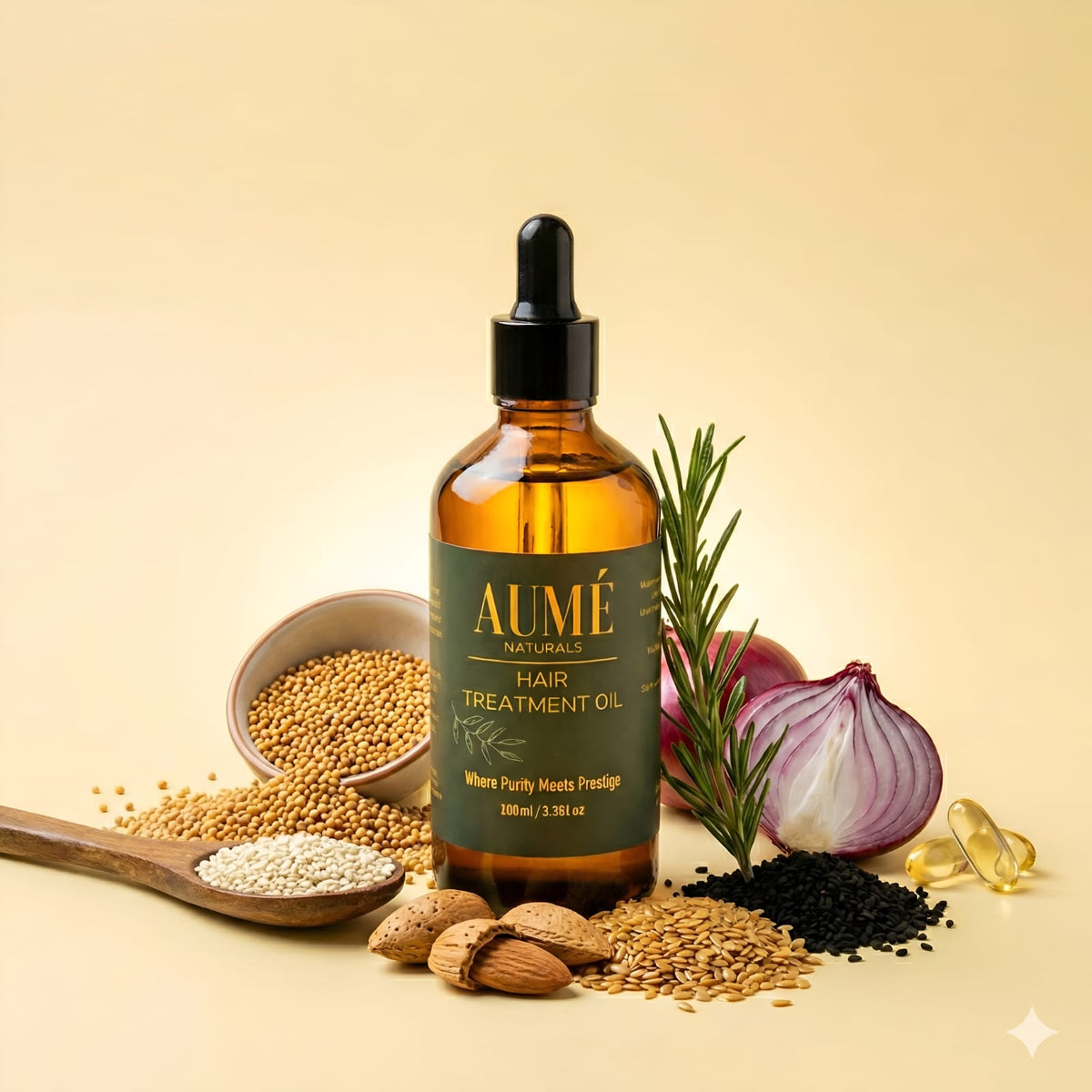 AUMÉ Naturals Hair Treatment Oil surrounded by its natural ingredients