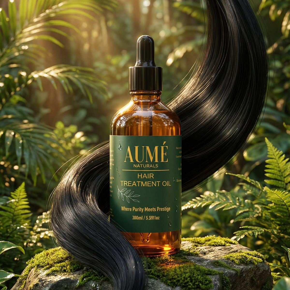 AUMÉ Naturals Hair Treatment Oil with long dark hair in a lush forest